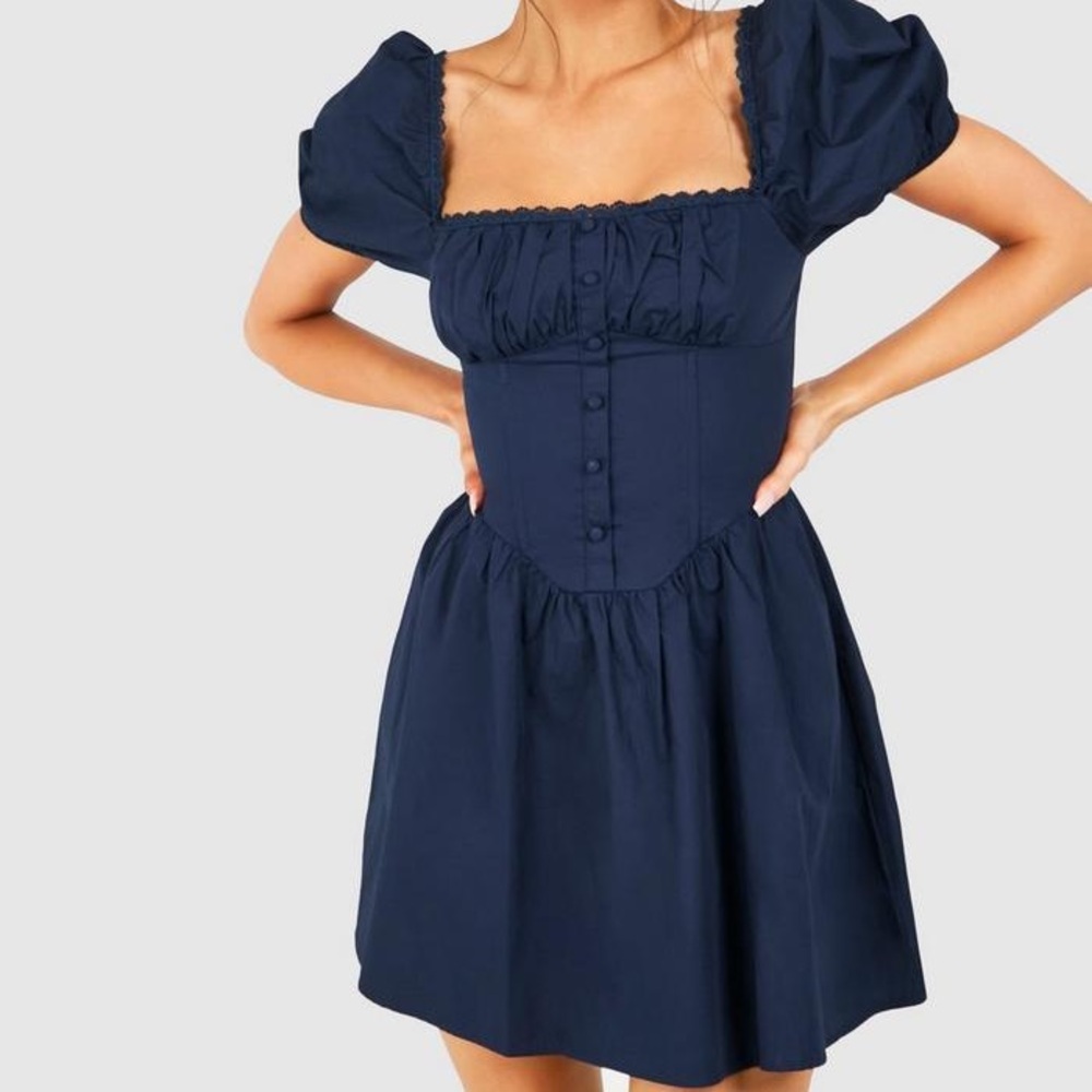 Boohoo Navy Puff Sleeve Mini Dress